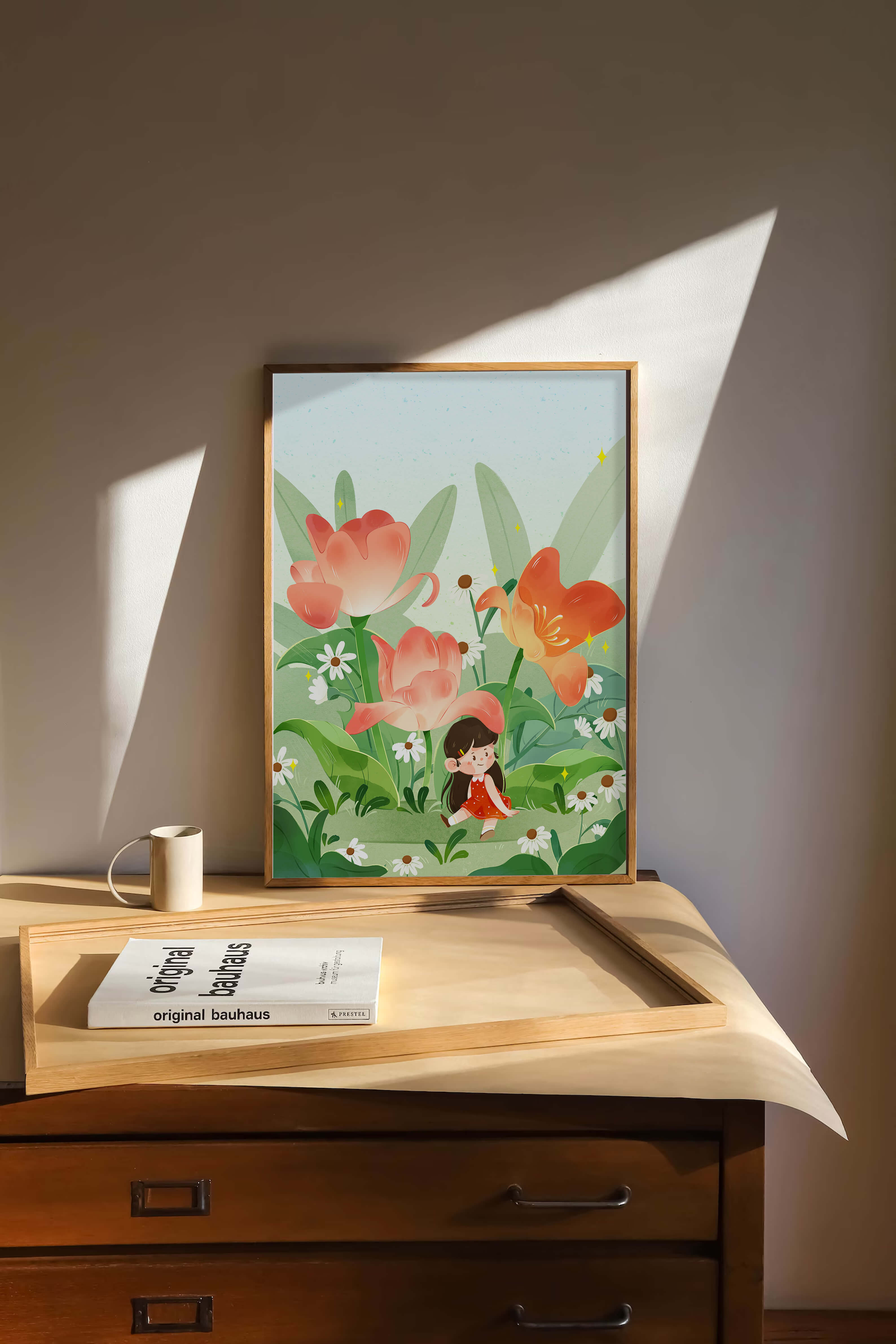 Charming floral garden with whimsical child illustration