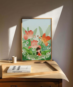 Encantador jardín floral con ilustración de niño caprichoso