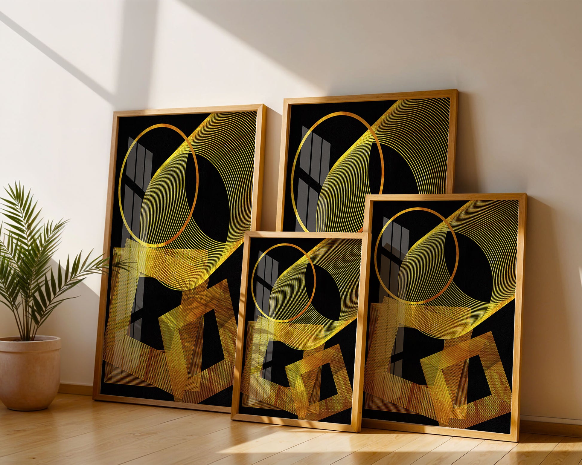 Geometric gold lines on black background