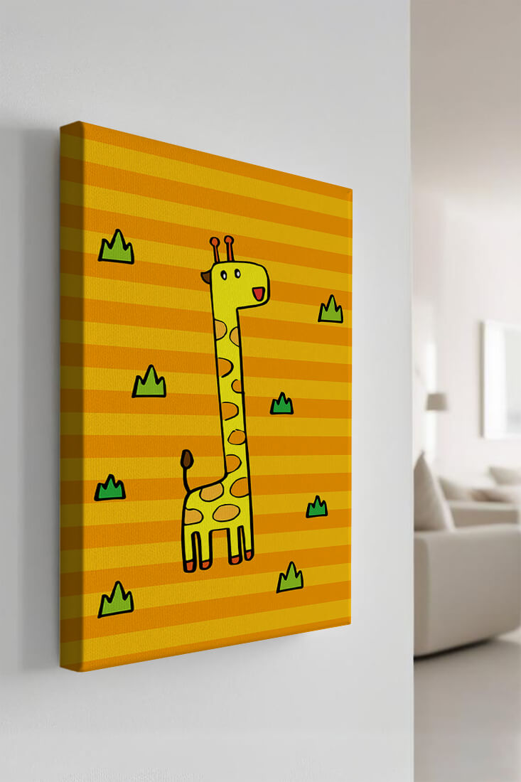 Bright cartoon giraffe illustration on a striped background