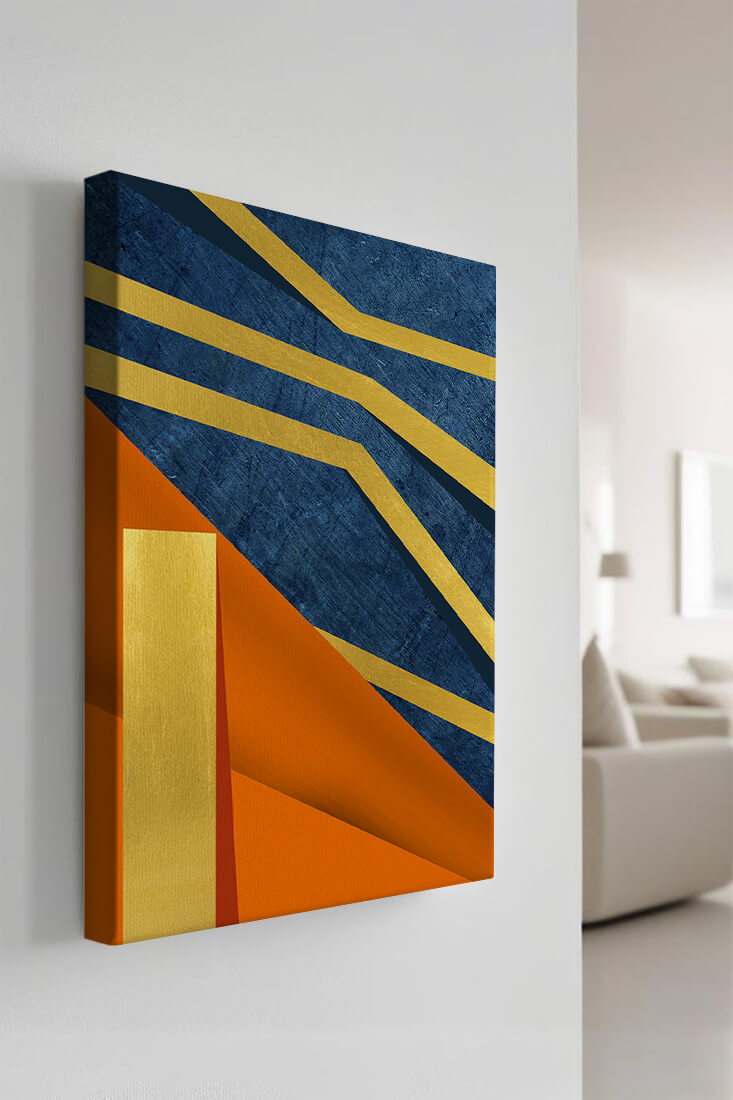 Composición geométrica abstracta con elementos dorados, azules y naranjas