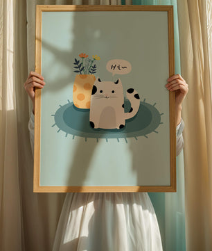Cute illustration of a cat and flowers on a rug with a speech bubble