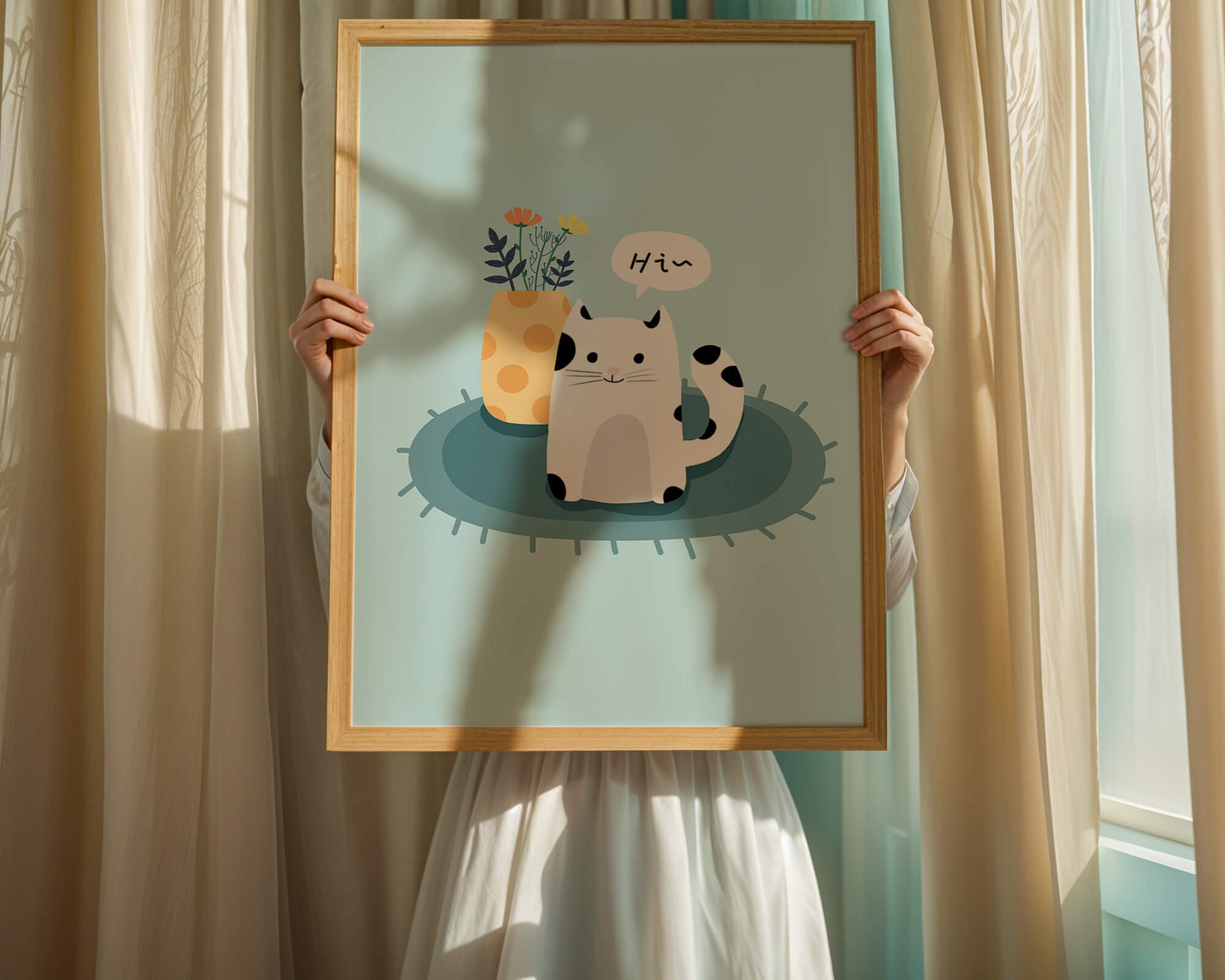 Cute illustration of a cat and flowers on a rug with a speech bubble
