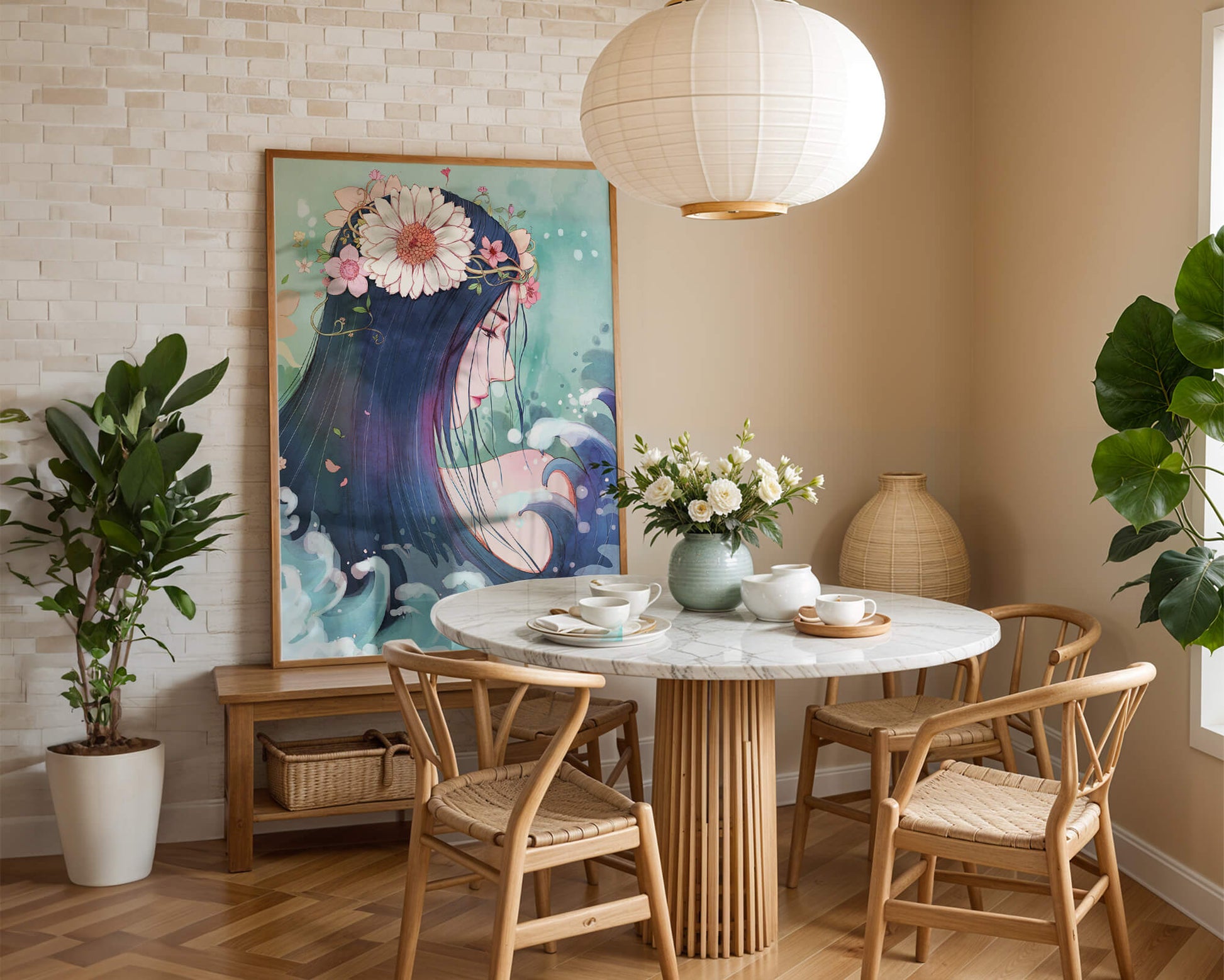Illustration of a serene woman with floral crown and ocean waves