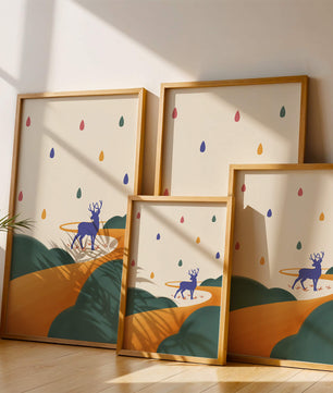 Colorful abstract deer illustration within a serene landscape