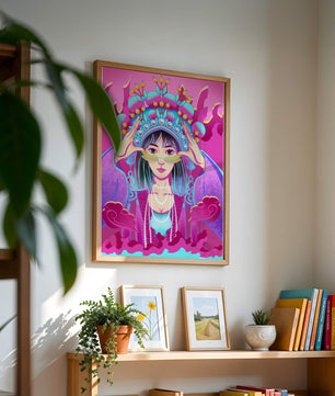 Ilustración colorida de una mujer con traje tradicional y tocado ornamental