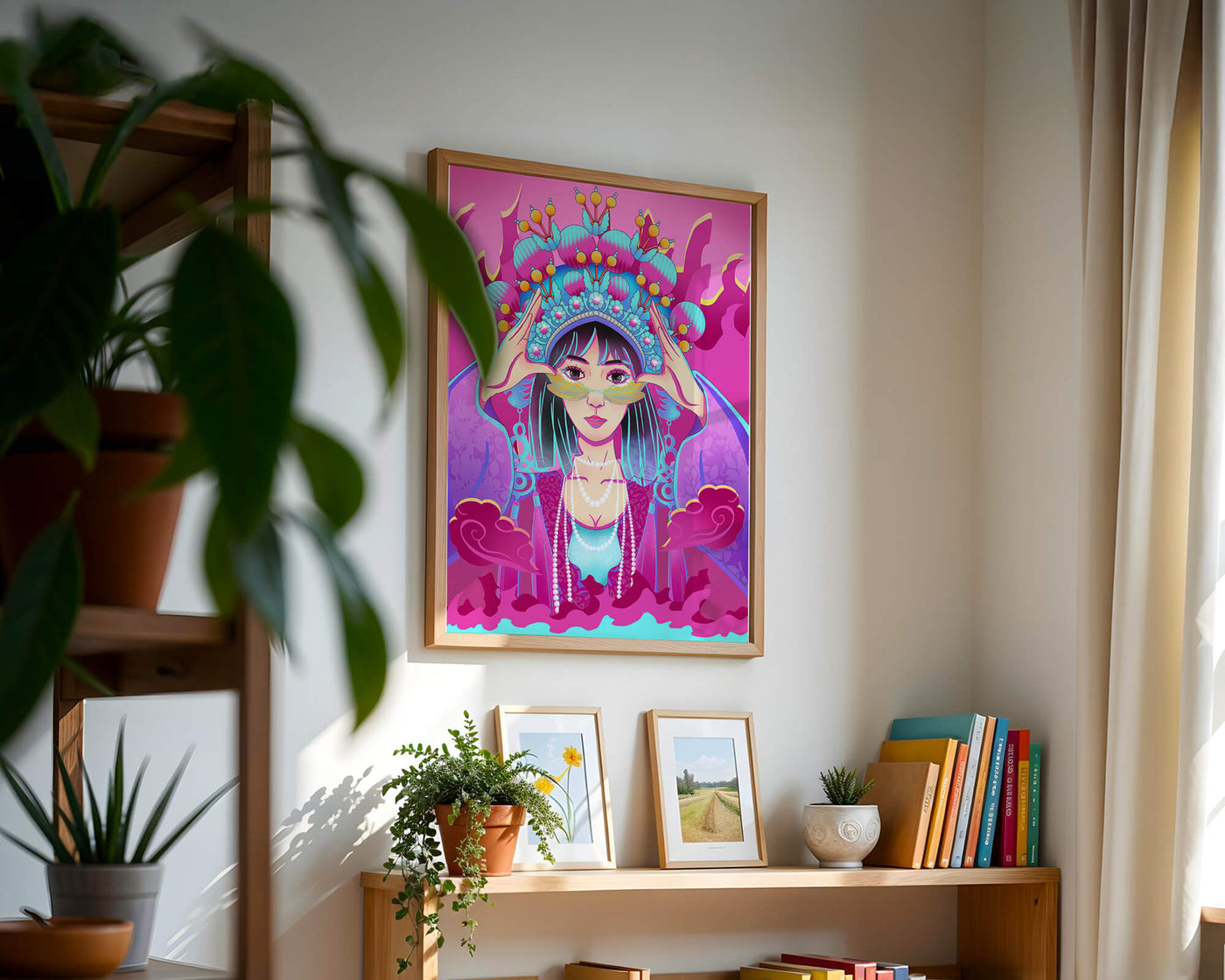 Colorful illustration of a woman in traditional costume with ornate headpiece