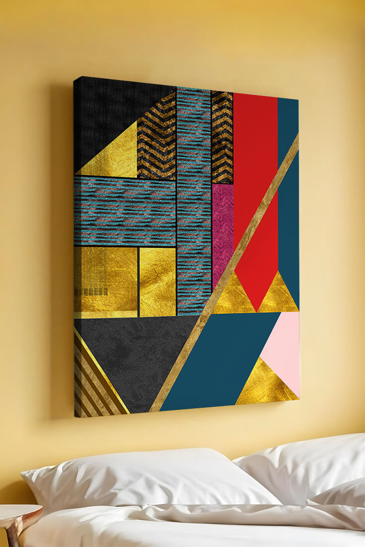 Geometric abstract art with bold colors and golden accents
