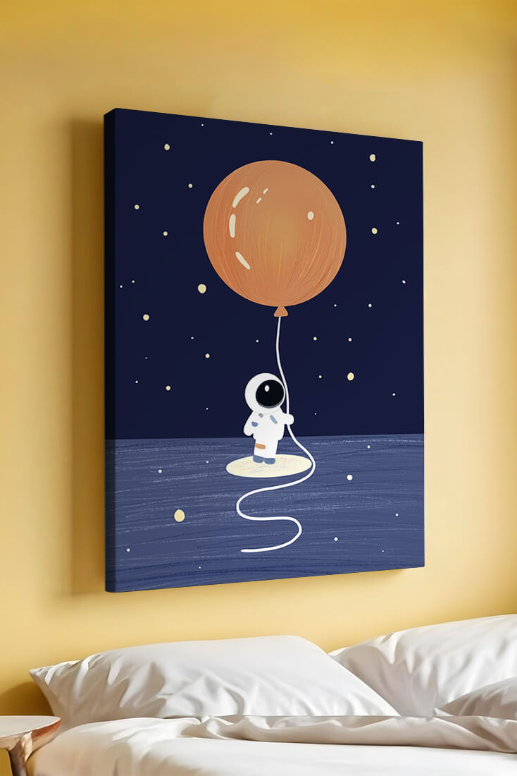 Charming Astronaut Holding Large Orange Balloon Under Starry Sky