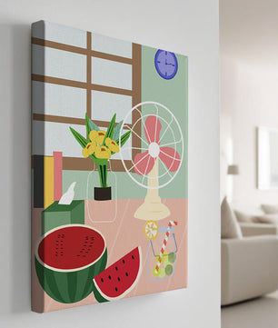 Nature morte sur le thème de l'été avec pastèque, éventail et fleurs dans un intérieur lumineux