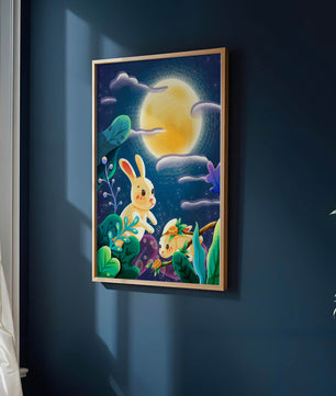 Charming illustration of rabbits under a full moon in a vibrant night garden