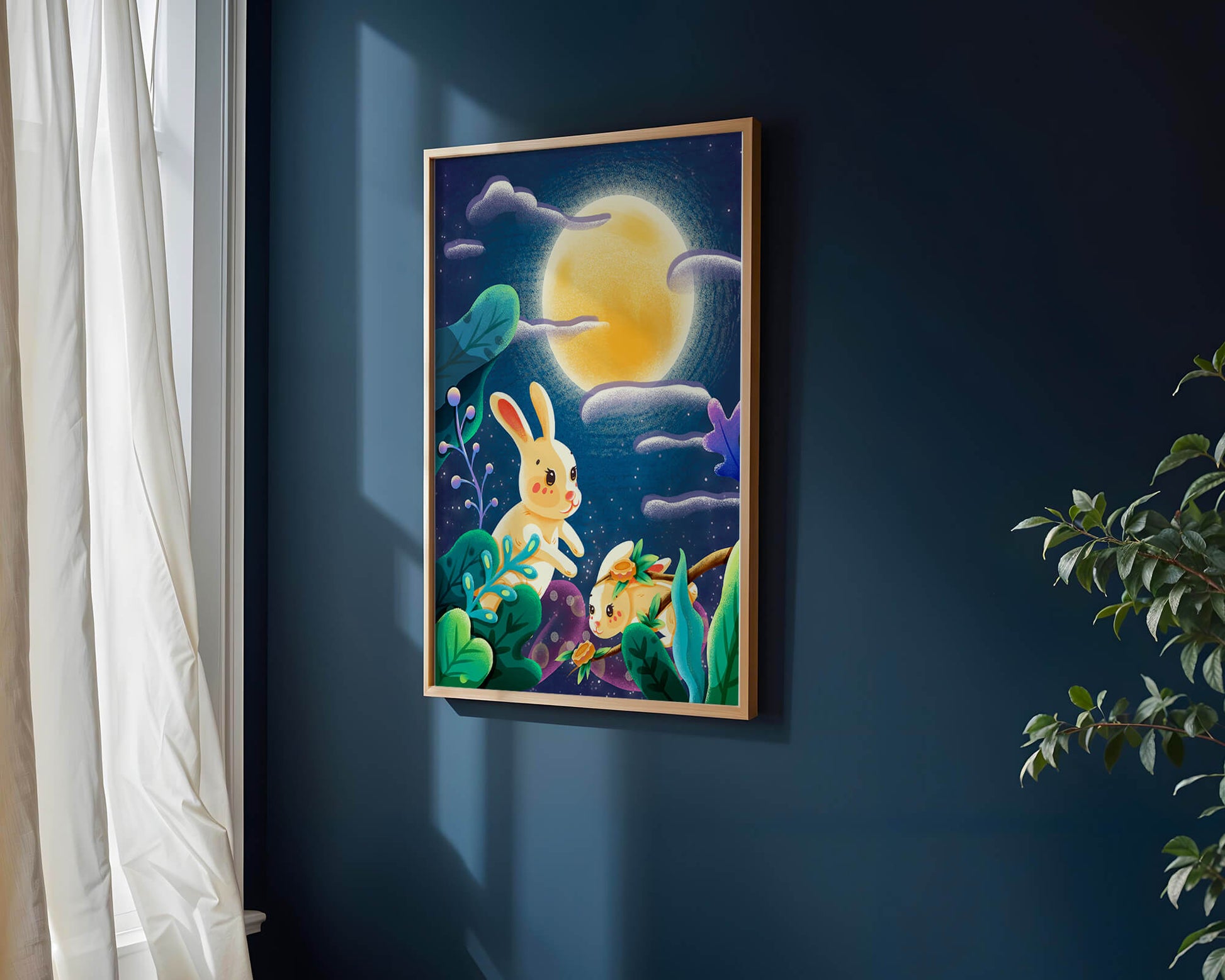 Charming illustration of rabbits under a full moon in a vibrant night garden