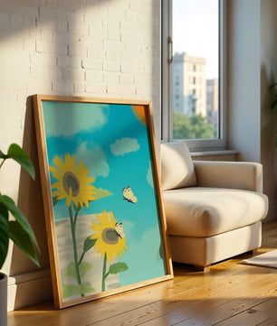 Sunflowers And Butterflies Under A Bright Blue Sky