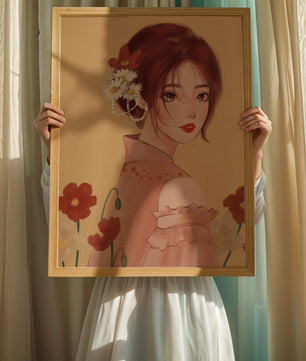Portrait élégant d'une femme avec des ornements floraux et une expression douce