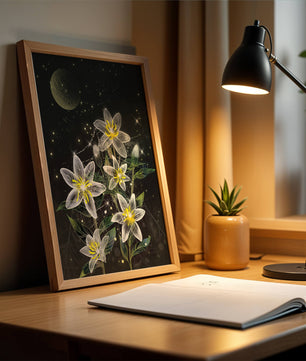 Floral Night Scene with Luminous Flowers and Golden Moon