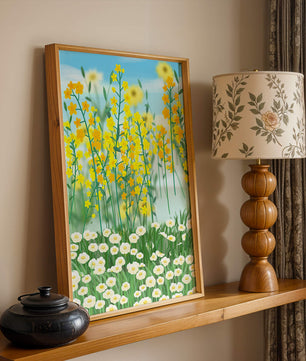 Frühlingwiese mit blühenden gelben und weißen Blumen