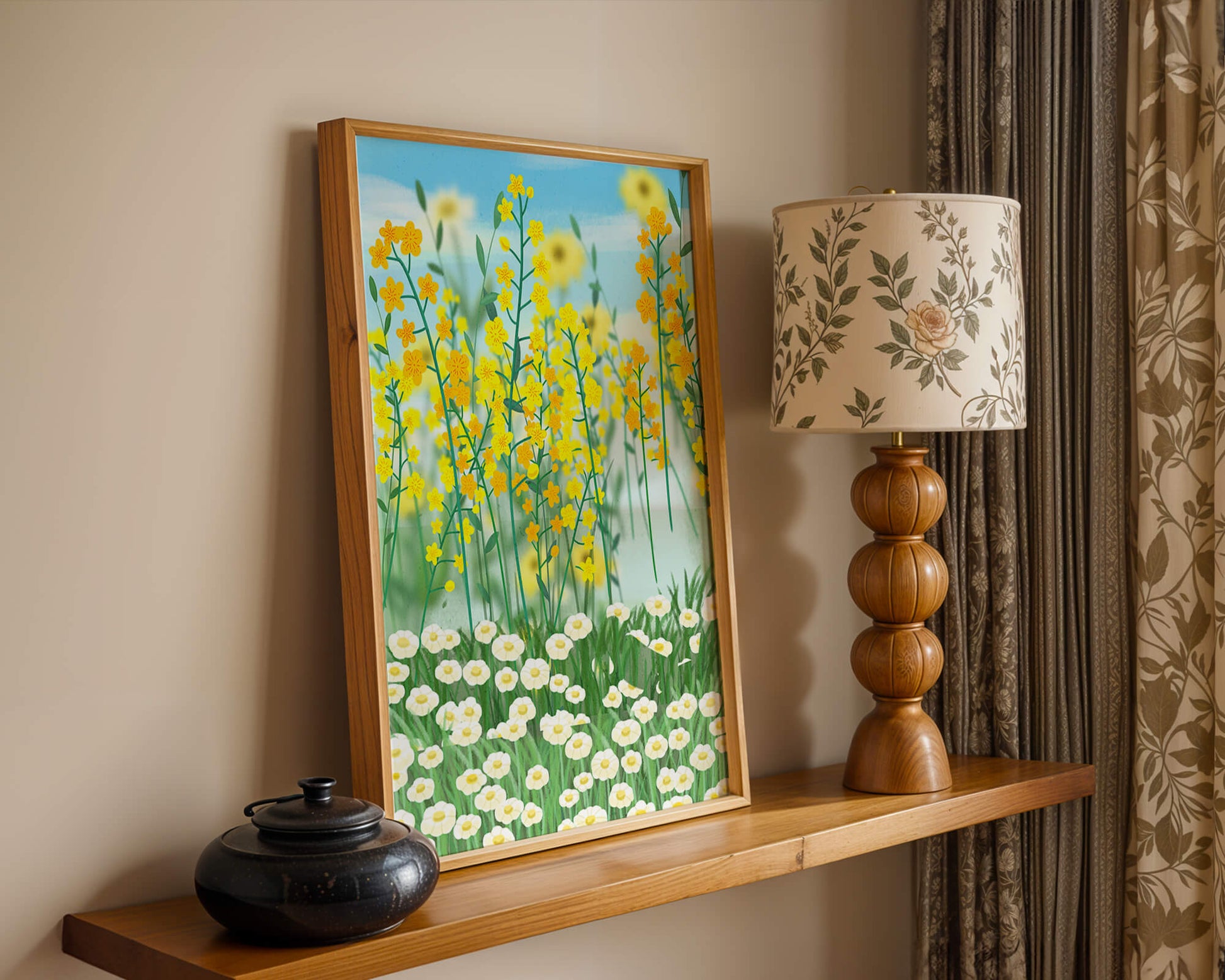 Springtime Meadow With Blooming Yellow And White Flowers