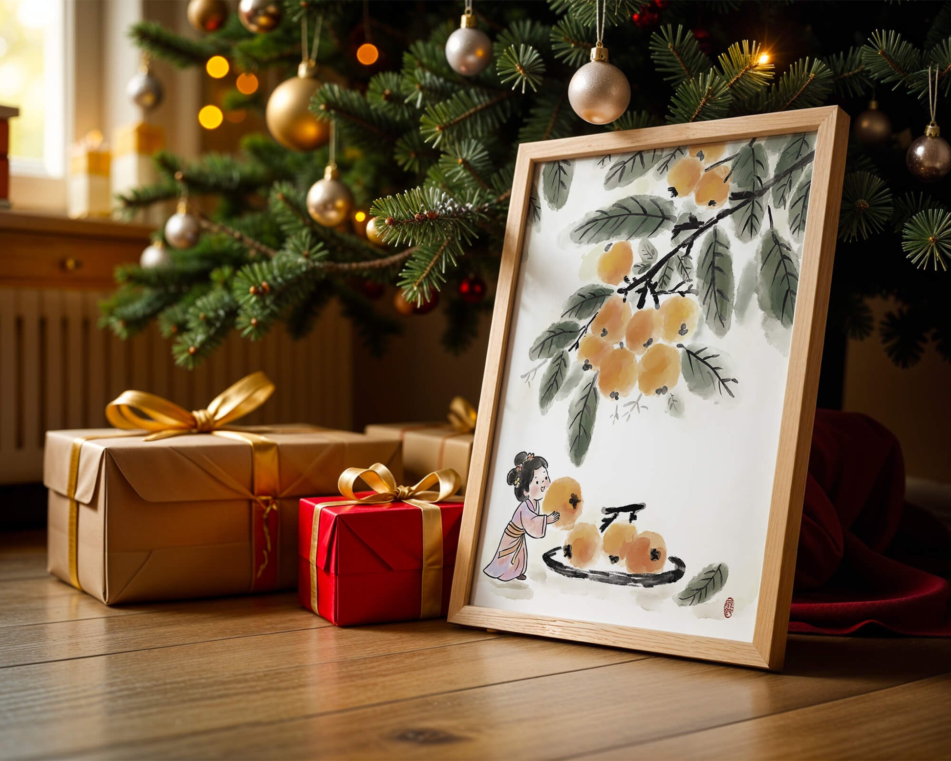 Arte japonés con una niña recogiendo caquis bajo un árbol