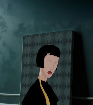 Elegant woman with short hair and golden earring on patterned background