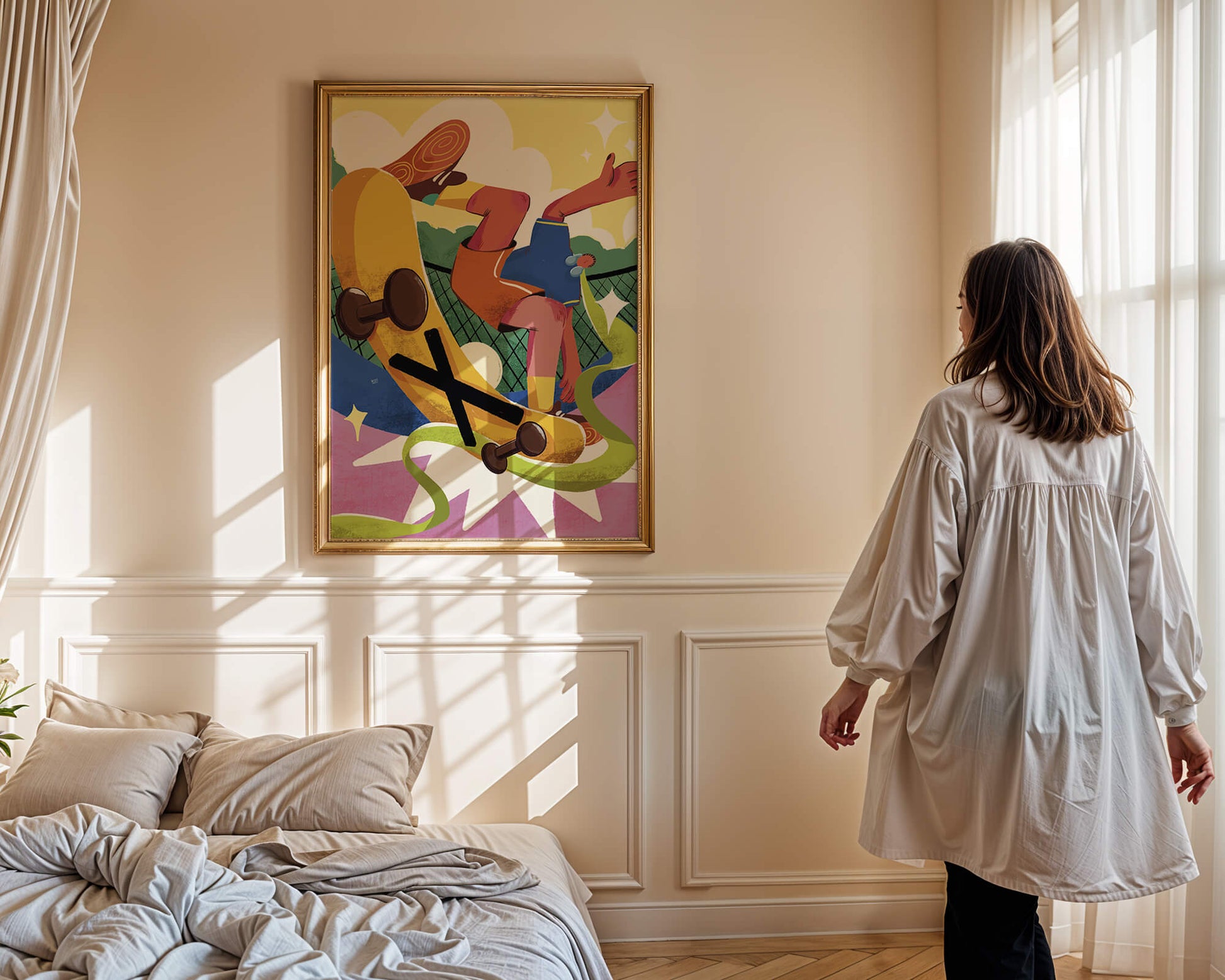 Ilustración abstracta colorida con un skater en movimiento dinámico