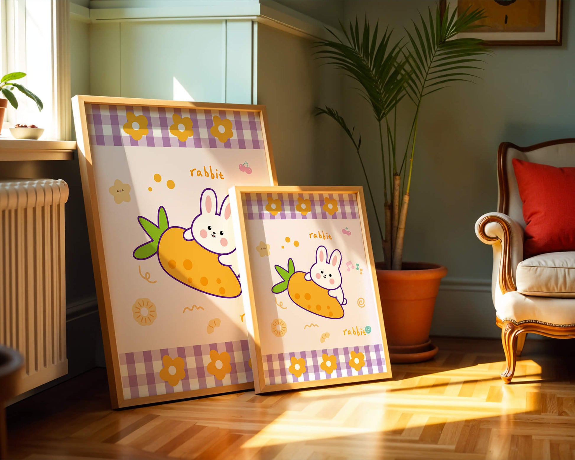 Illustrated cute rabbit with carrot on a colorful background