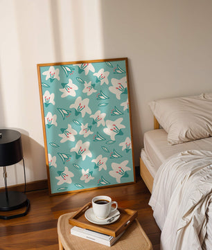 Motif floral avec des lys blancs sur un fond turquoise