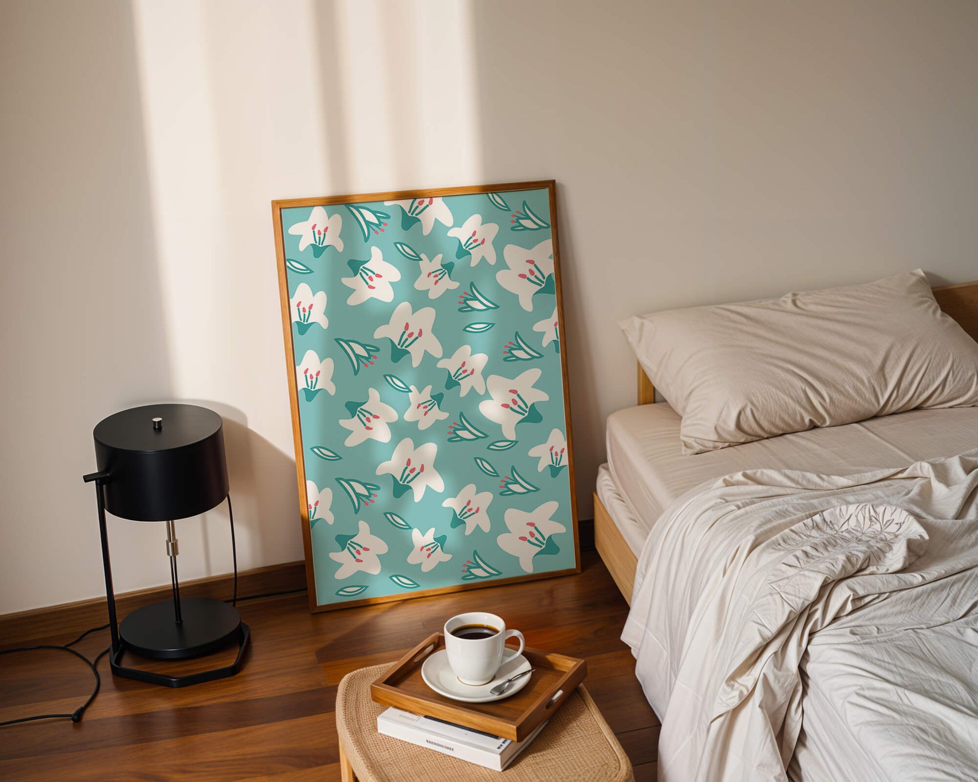 Floral pattern with white lilies on a turquoise background