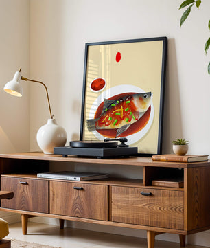 Illustration of a colorful fish dish with garnish