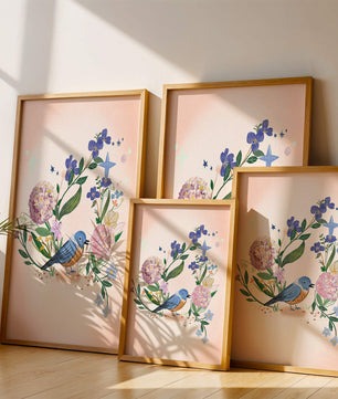 Delightful illustration of a bird amidst colorful flowers on a soft pink background