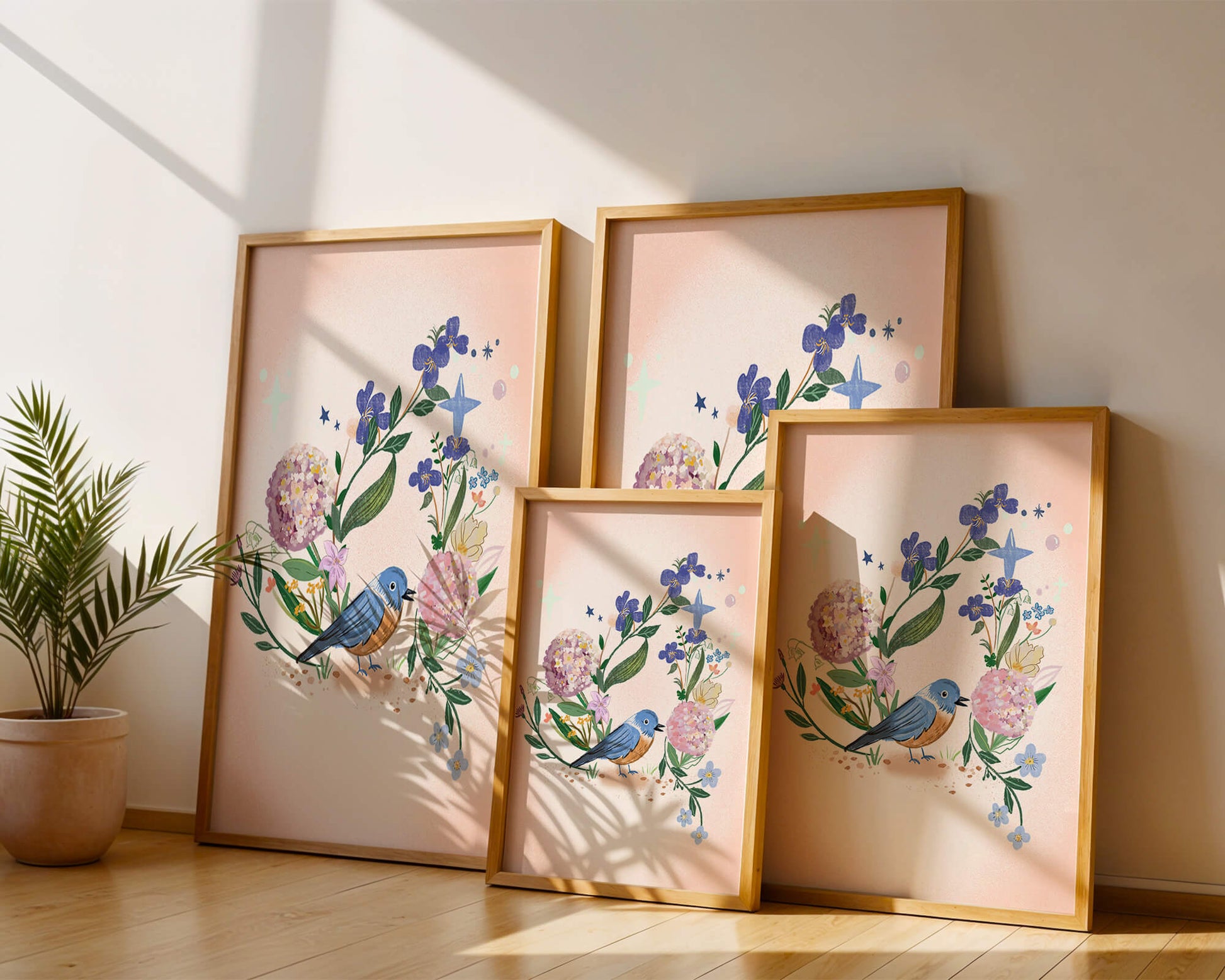 Delightful illustration of a bird amidst colorful flowers on a soft pink background