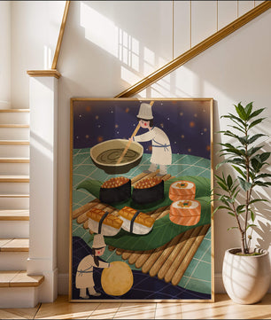 Ilustración juguetona de chefs preparando sushi en un paisaje imaginario