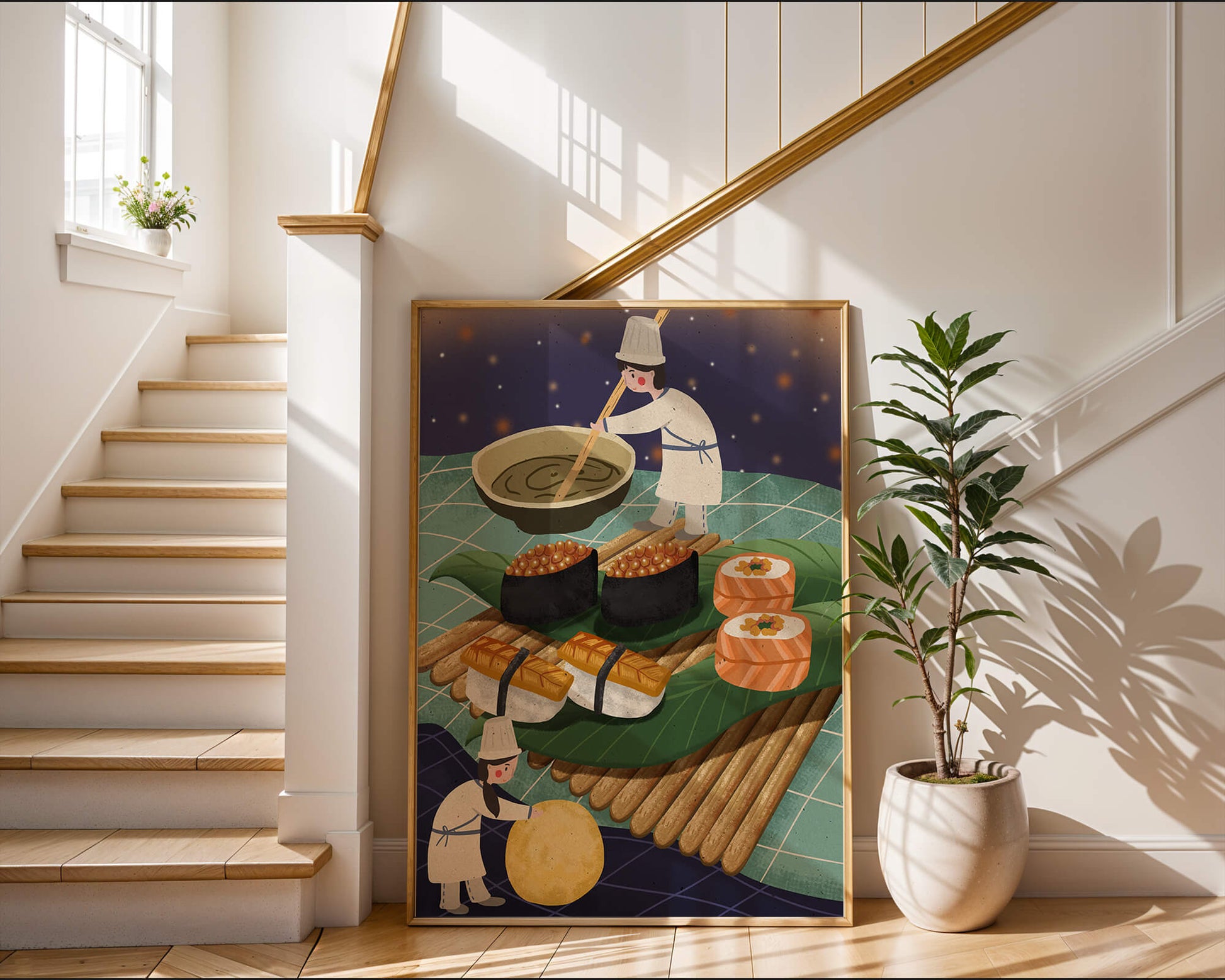 Ilustración juguetona de chefs preparando sushi en un paisaje imaginario