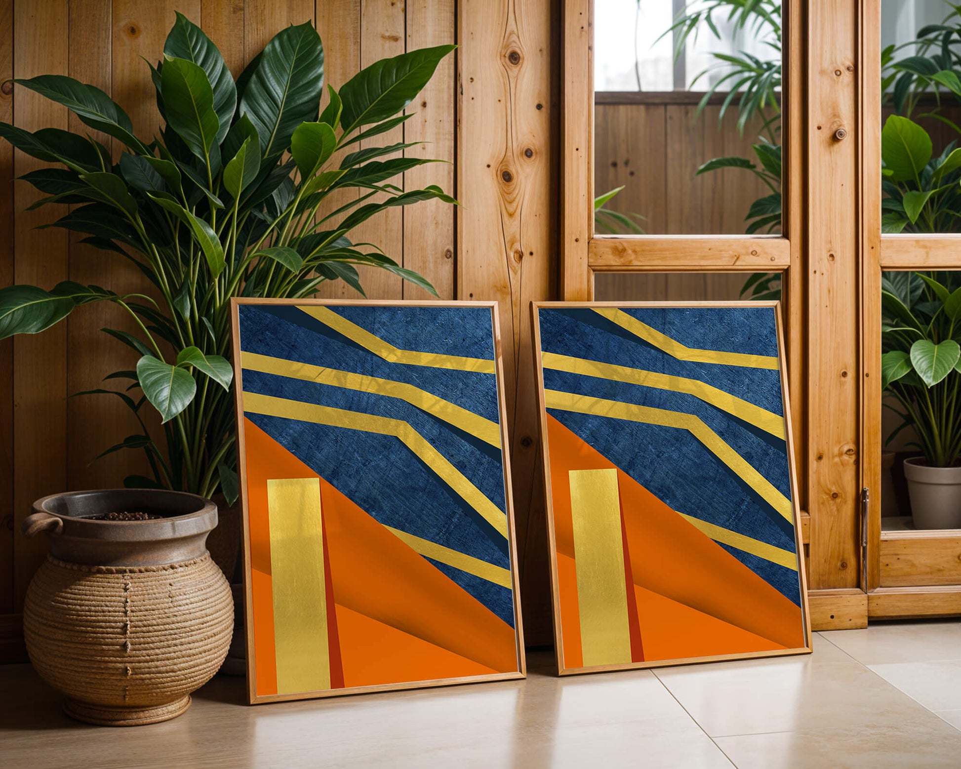 Composición geométrica abstracta con elementos dorados, azules y naranjas
