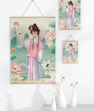 Femme élégante en tenue traditionnelle avec lotus en fleurs et grues