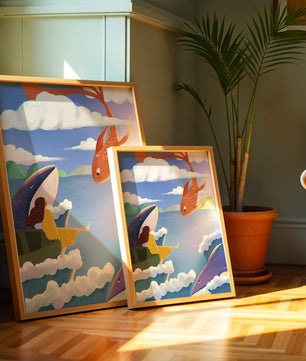 Escena onírica con vida marina y figura flotante en el cielo
