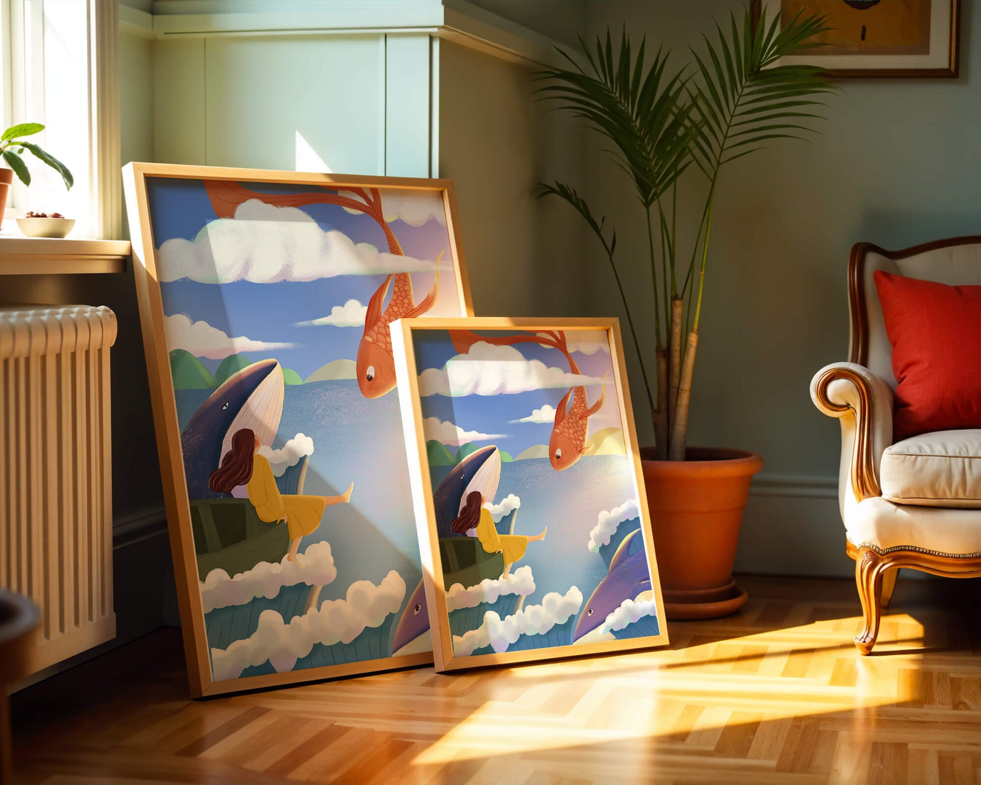 Dreamlike scene with marine life and floating figure in the sky