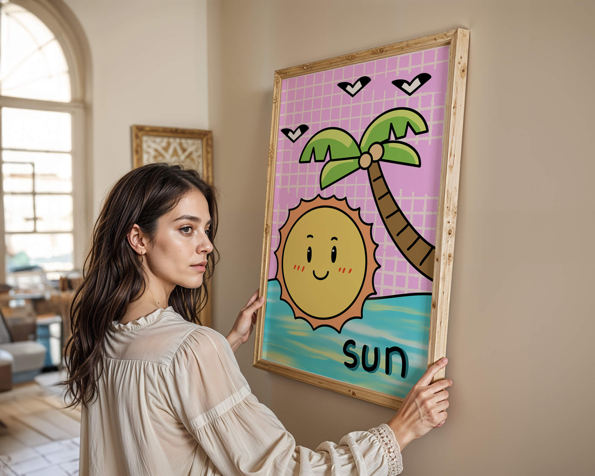 Cartoon sun with palm tree and ocean scene