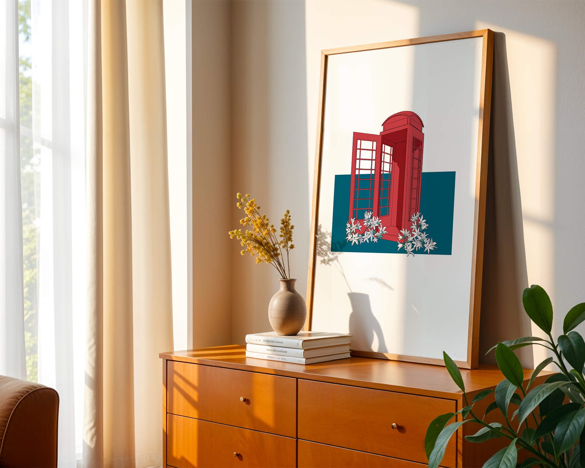 A Pink Phone Booth Surrounded by Flowers on a Teal Background