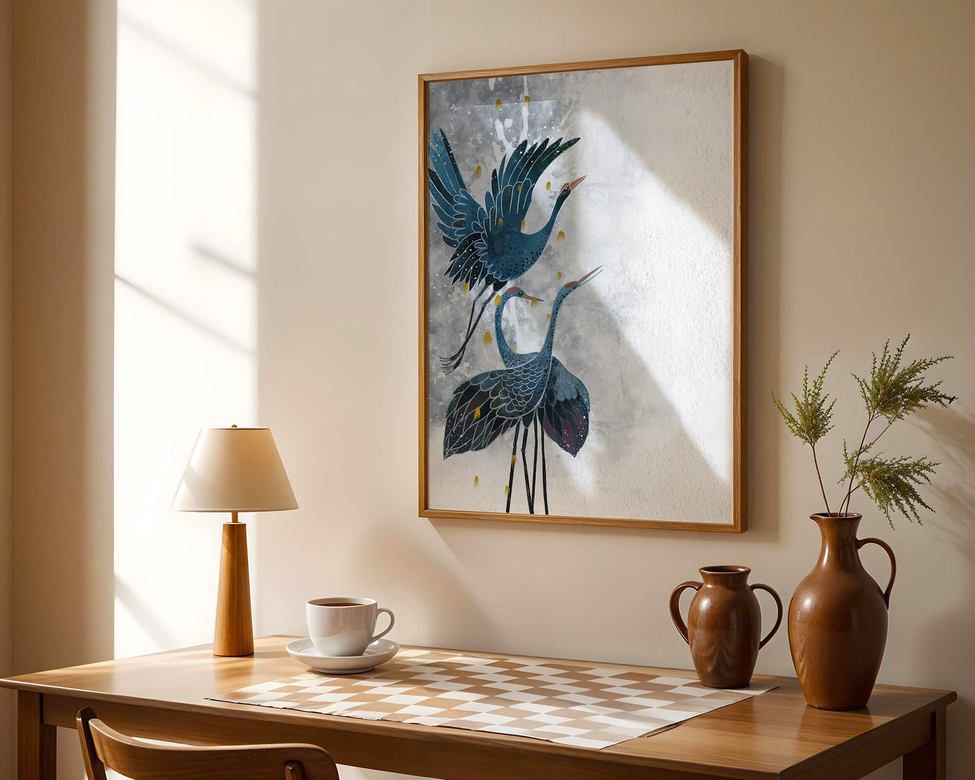 Elegante blaue Kraniche vor einem ruhigen abstrakten Hintergrund mit goldenen Akzenten