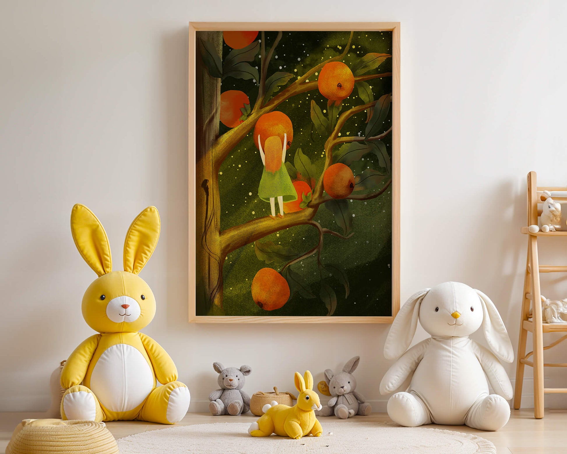 Little Girl Picking Oranges on a Starry Night