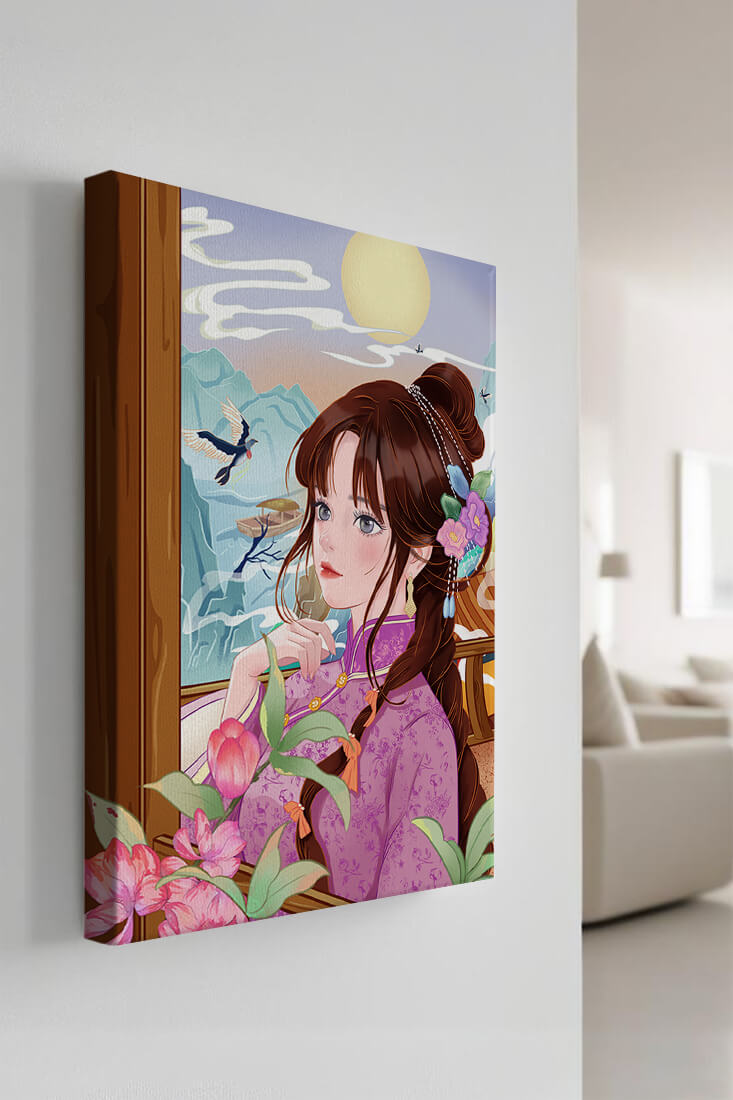 Serene landscape with a woman in traditional dress and mountain view