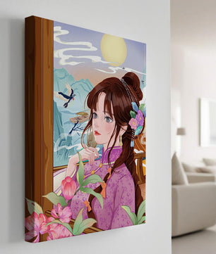 Serene landscape with a woman in traditional dress and mountain view