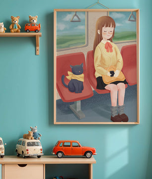 Viaje en tren tranquilo con una chica y su gato ilustrado