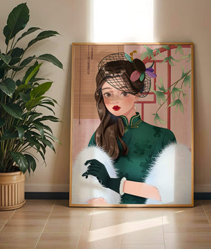 Elegant woman in vintage attire with netted hat and floral elements