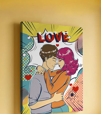 Romantic Pop Art Illustration with Embracing Couple and Love Text