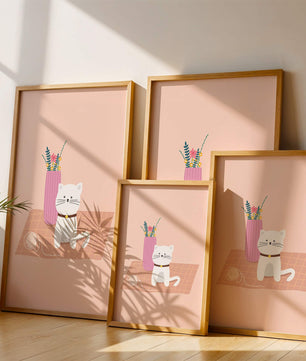 Illustration of a cute white cat with a pink vase and yarn ball on a pastel background