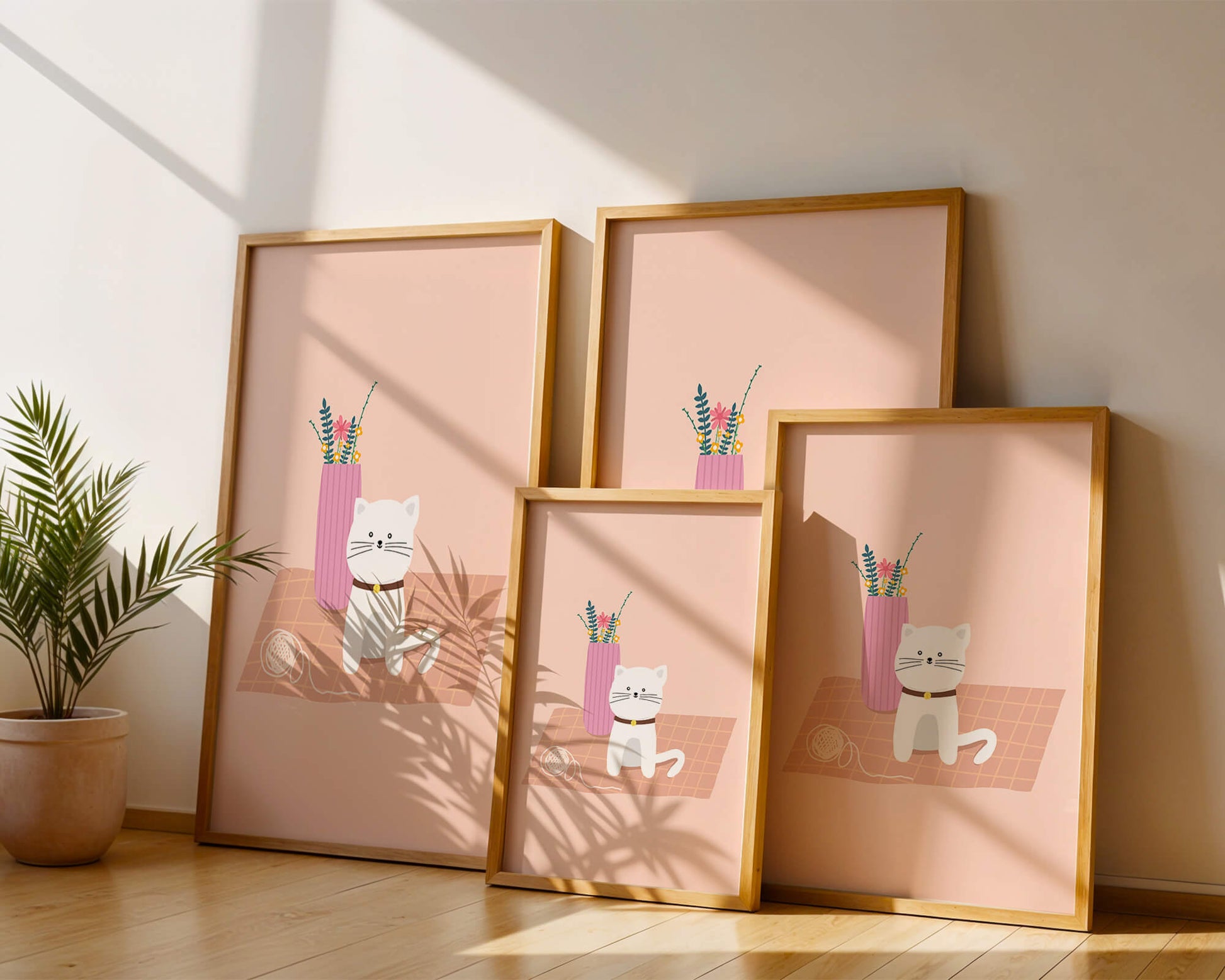 Illustration of a cute white cat with a pink vase and yarn ball on a pastel background