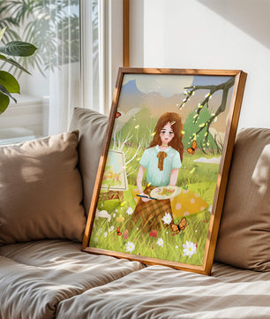 Ilustración de una chica pintando al aire libre rodeada de mariposas y flores
