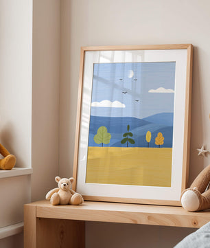 Colorful Landscape with Trees and Birds in a Serene Field