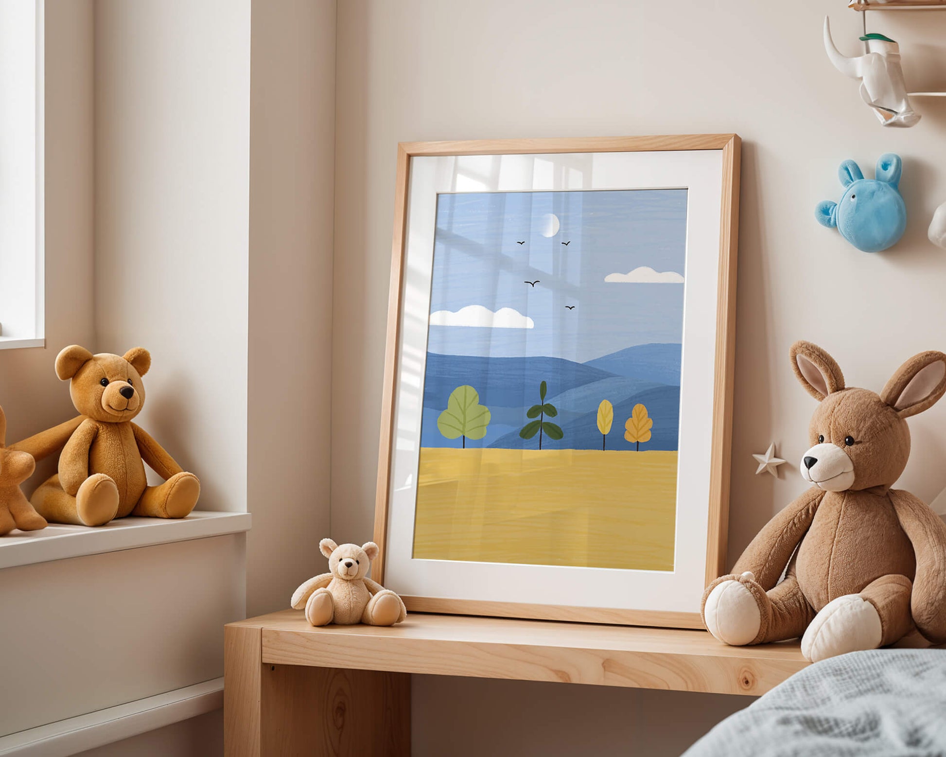 Paisaje colorido con árboles y aves en un campo sereno